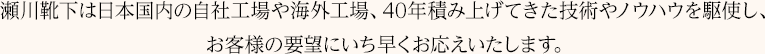 瀬川靴下は日本国内の自社工場や海外工場、40年積み上げてきた技術やノウハウを駆使し、お客様の要望にいち早くお応えいたします。