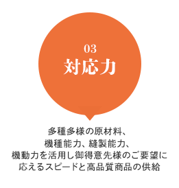 対応力 多種多様の原材料、機種能力、縫製能力、機動力を活用し御得意様先のご要望に応えるスピードと高品質商品の供給